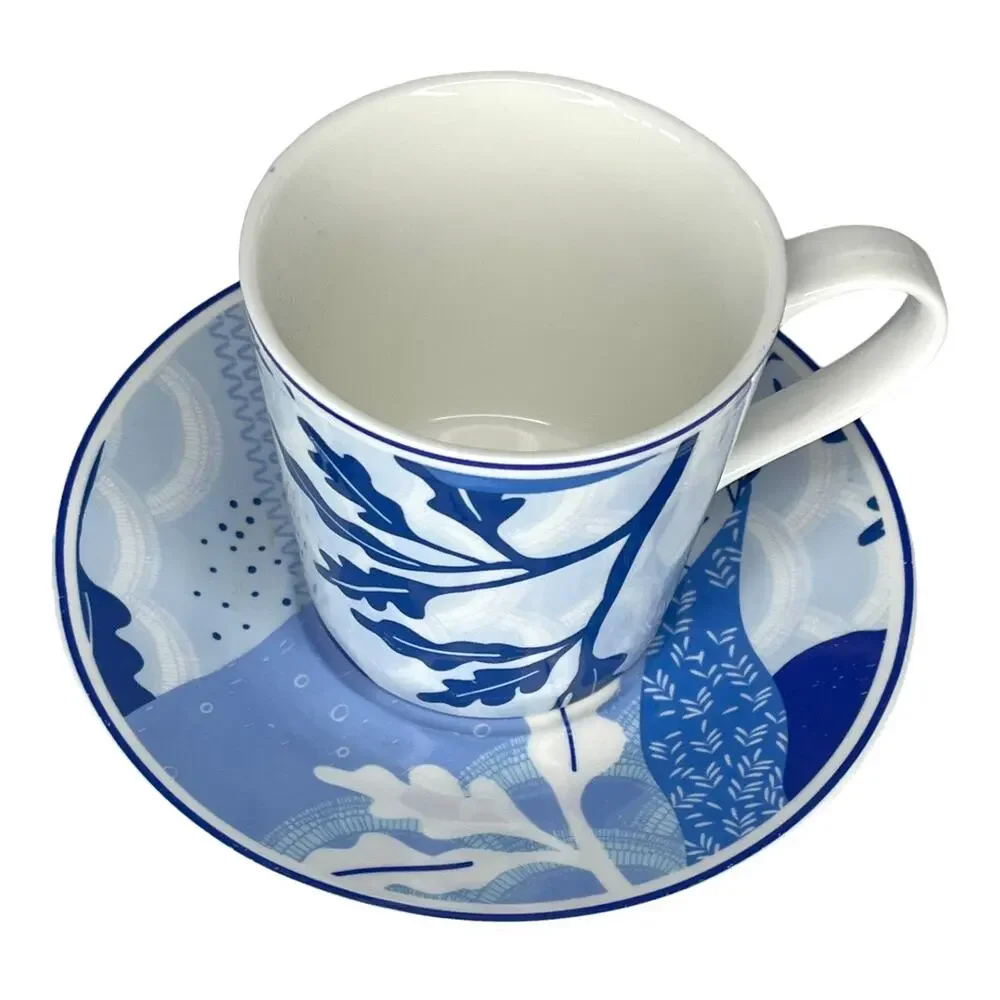 Asian Coffee Tea Cup Saucer Set Tokyo Angela Corti Porcelain Blue White Vtg